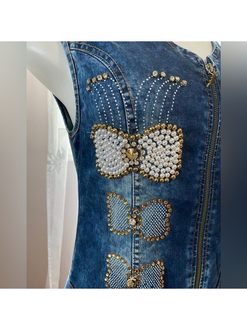 Y2k DENIM MINI DRESS EMBROIDERED BUTTERFLIES RHINESTONES MADE IN EUROPE - Picture 5 of 16